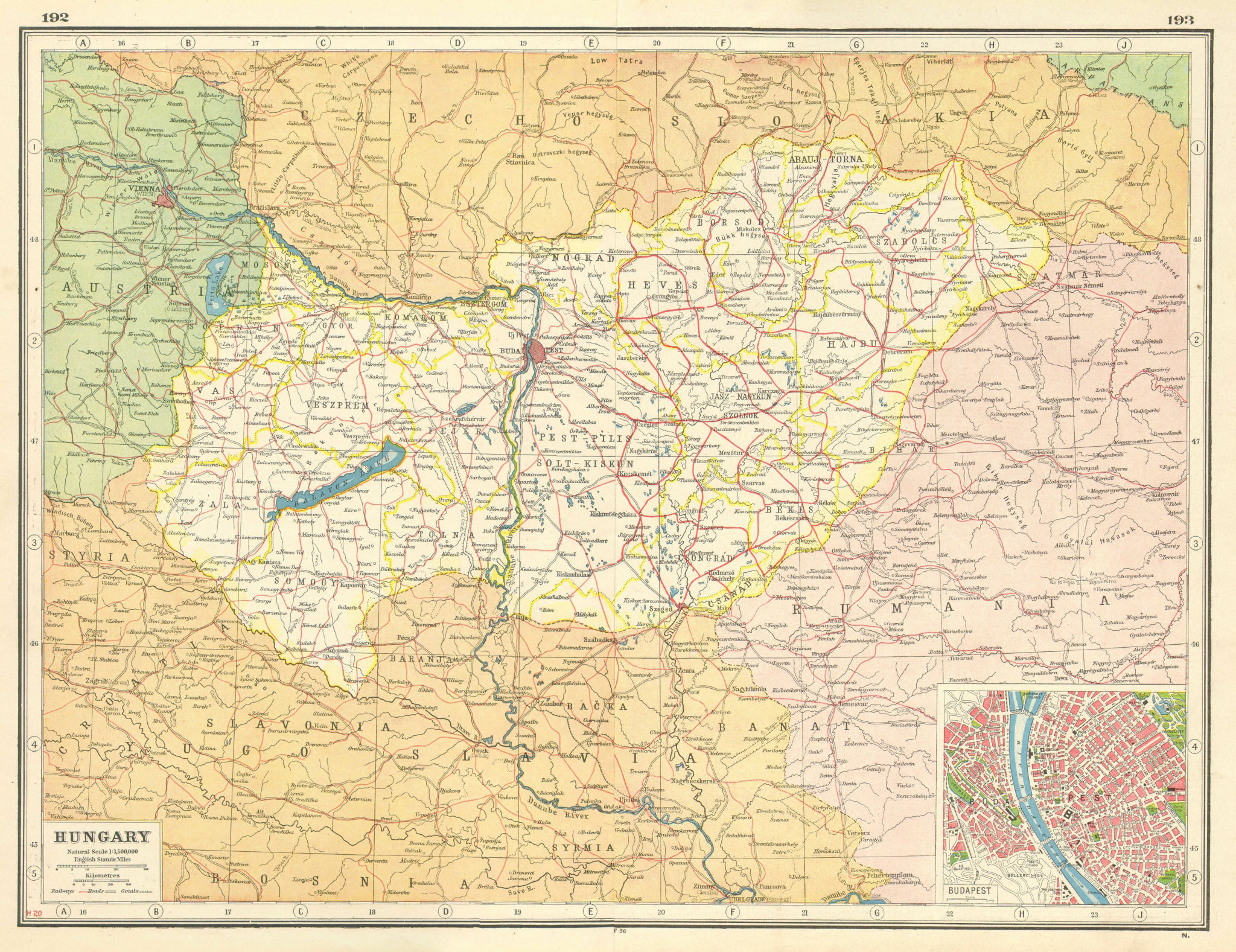 Associate Product HUNGARY. Danube. Budapest plan. Railways Sarvis Sio Malom canals 1920 old map