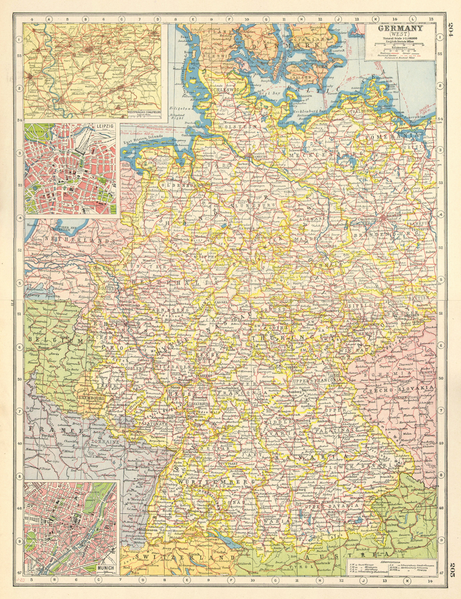 Associate Product WESTERN GERMANY.inset Westphalian Ruhr Coalfields Leipzig Munich plans 1920 map