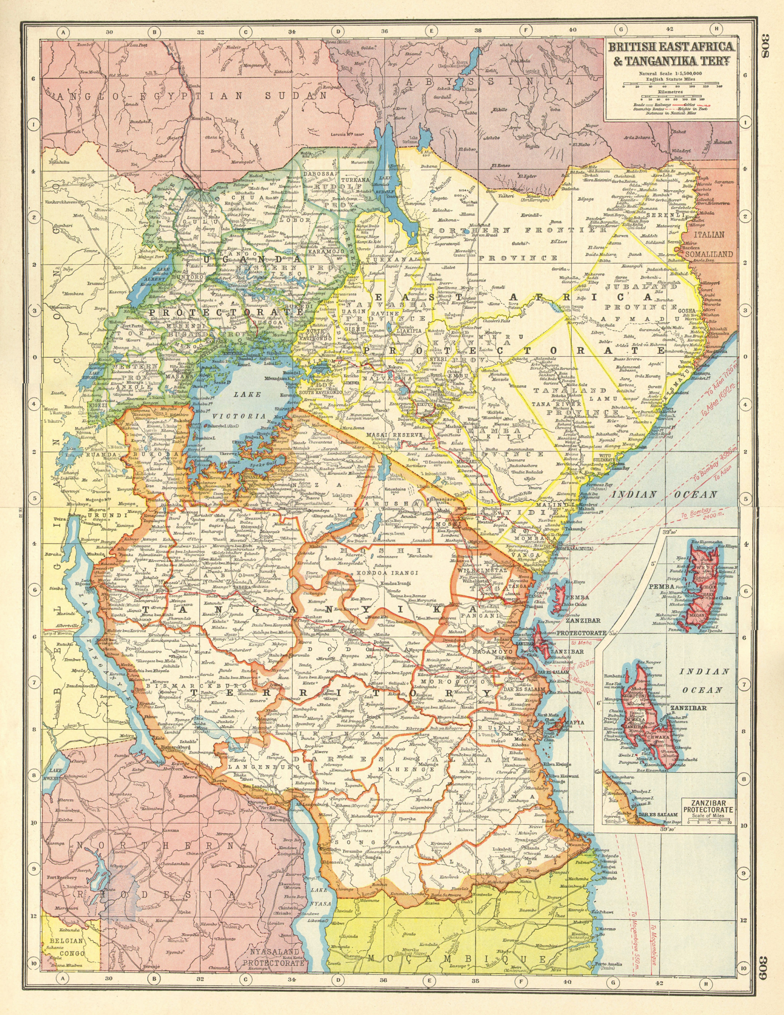 EAST AFRICA. British EA Tanganyika Terr.Kenya Tanzania Zanzibar Uganda 1920 map