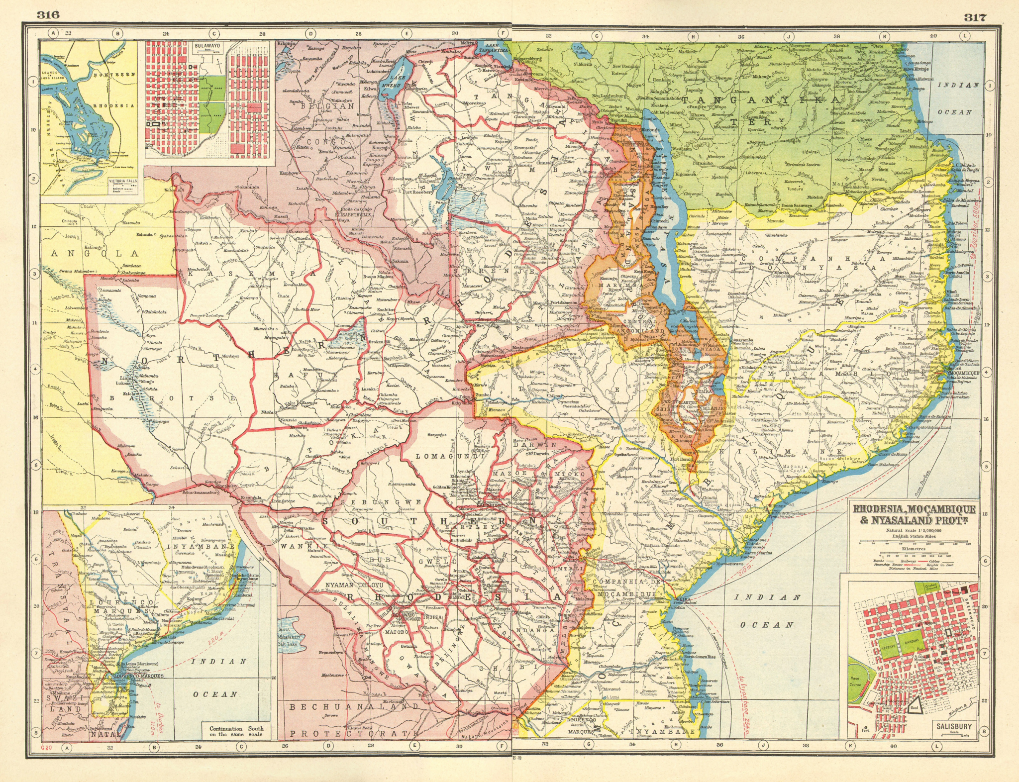 EAST AFRICA. Rhodesia Mozambique Nyasaland. Bulawayo Salisbury/Harare 1920 map