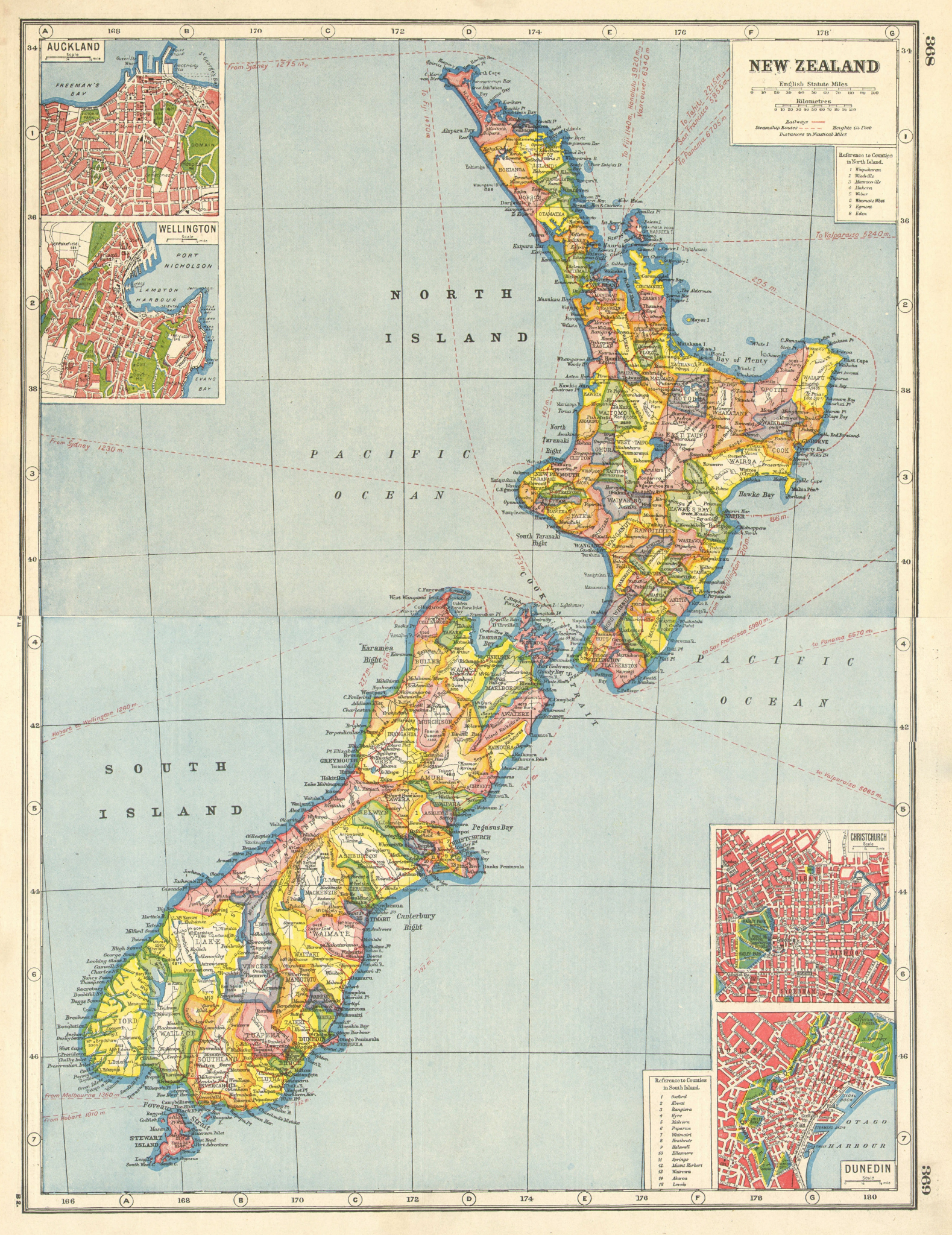 Associate Product NEW ZEALAND. Counties. Auckland Wellington Christchurch Dunedin plans 1920 map