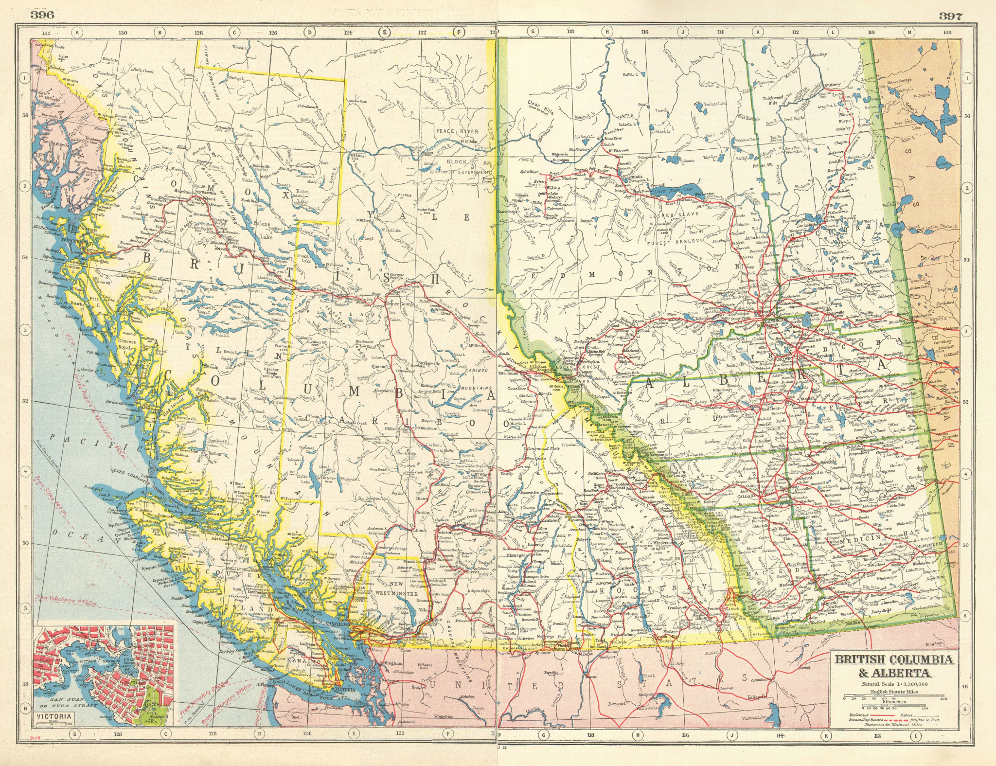 Associate Product CANADA WEST. British Columbia & Alberta. Victoria plan. Railways 1920 old map