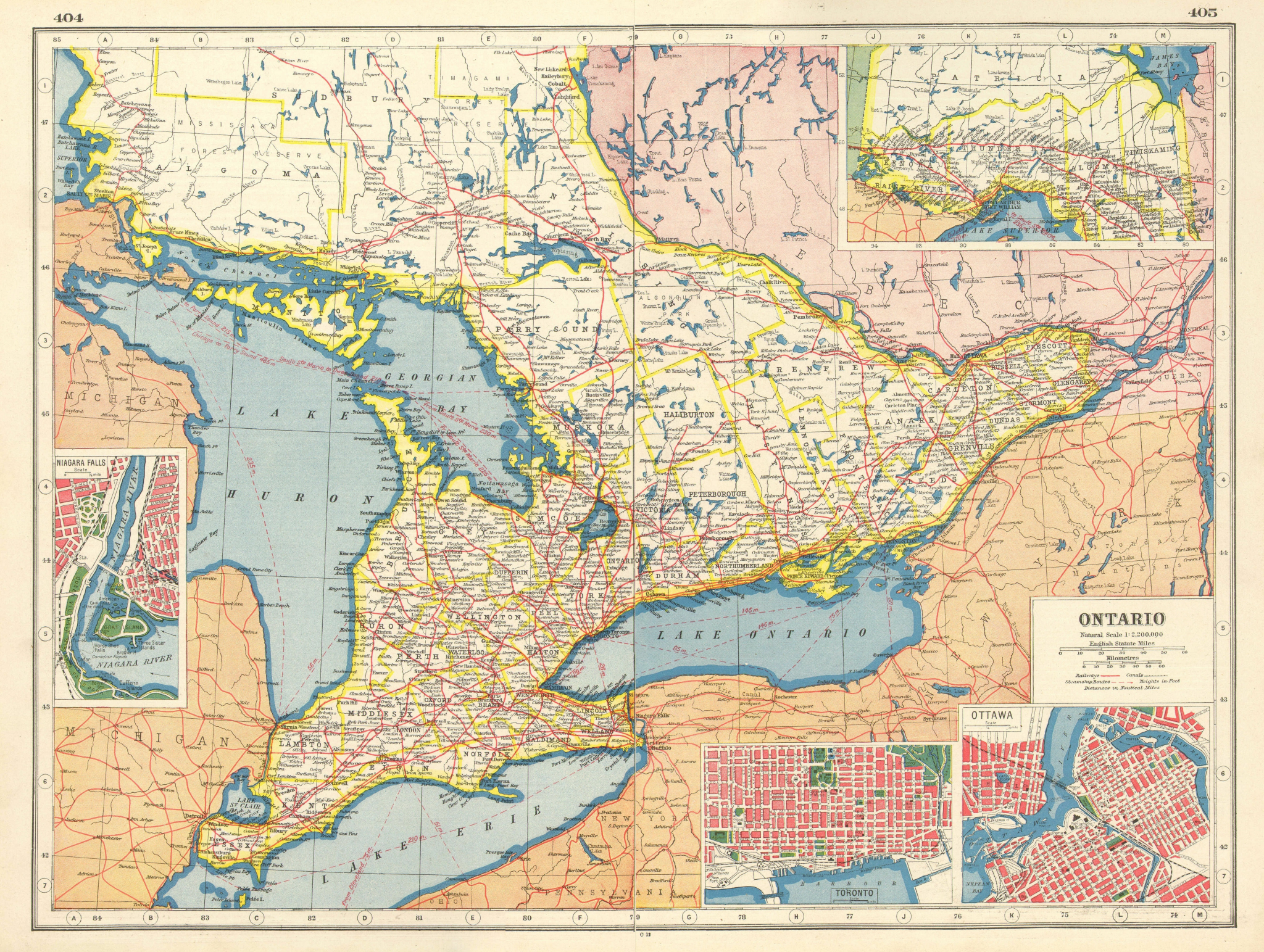 Associate Product ONTARIO. Niagara Falls Toronto Ottawa plans.Railroads.Steamship routes 1920 map