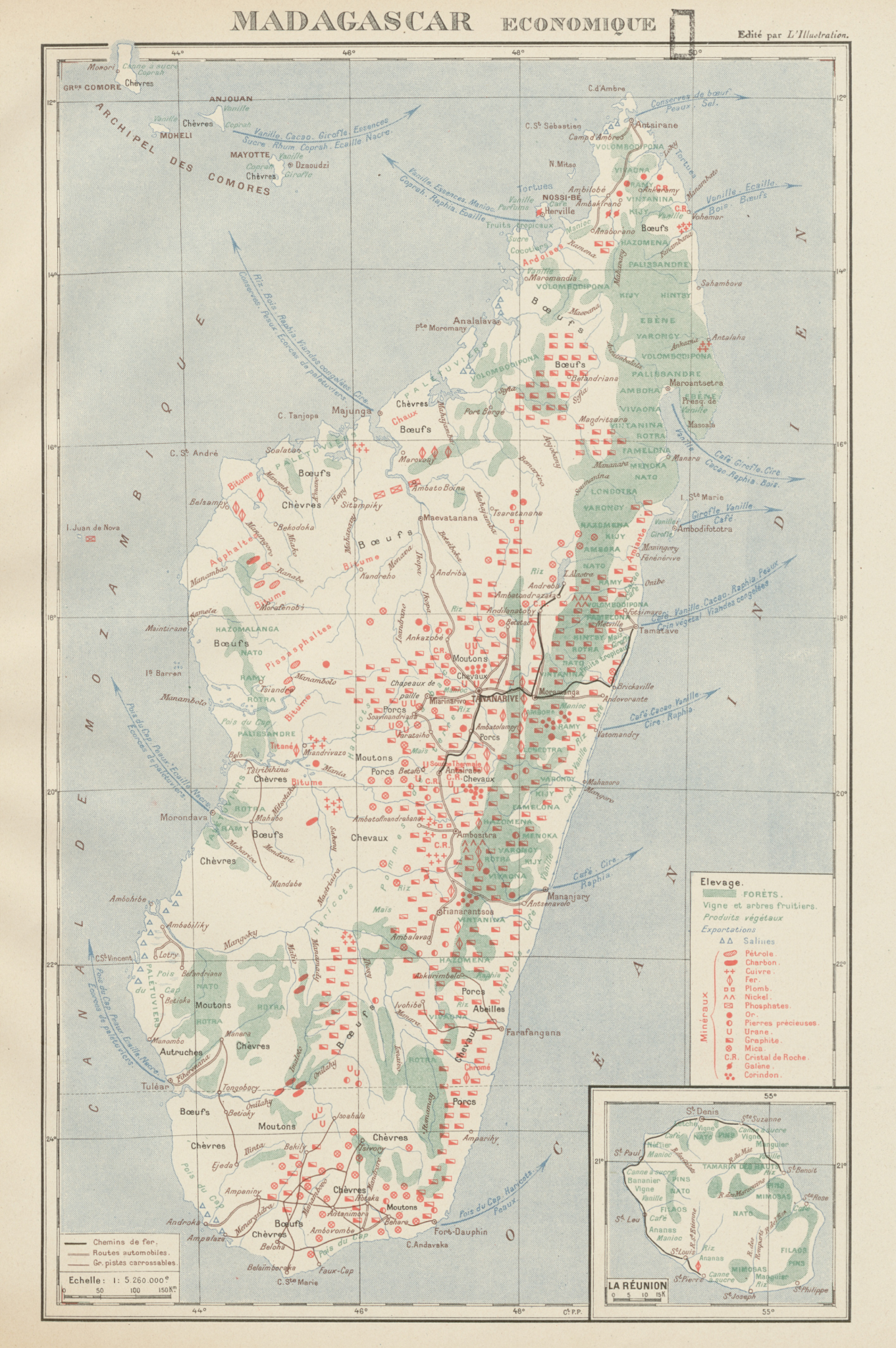 Associate Product COLONIAL MADAGASCAR RESOURCES. Minerals Economique. Inset La Réunion 1929 map