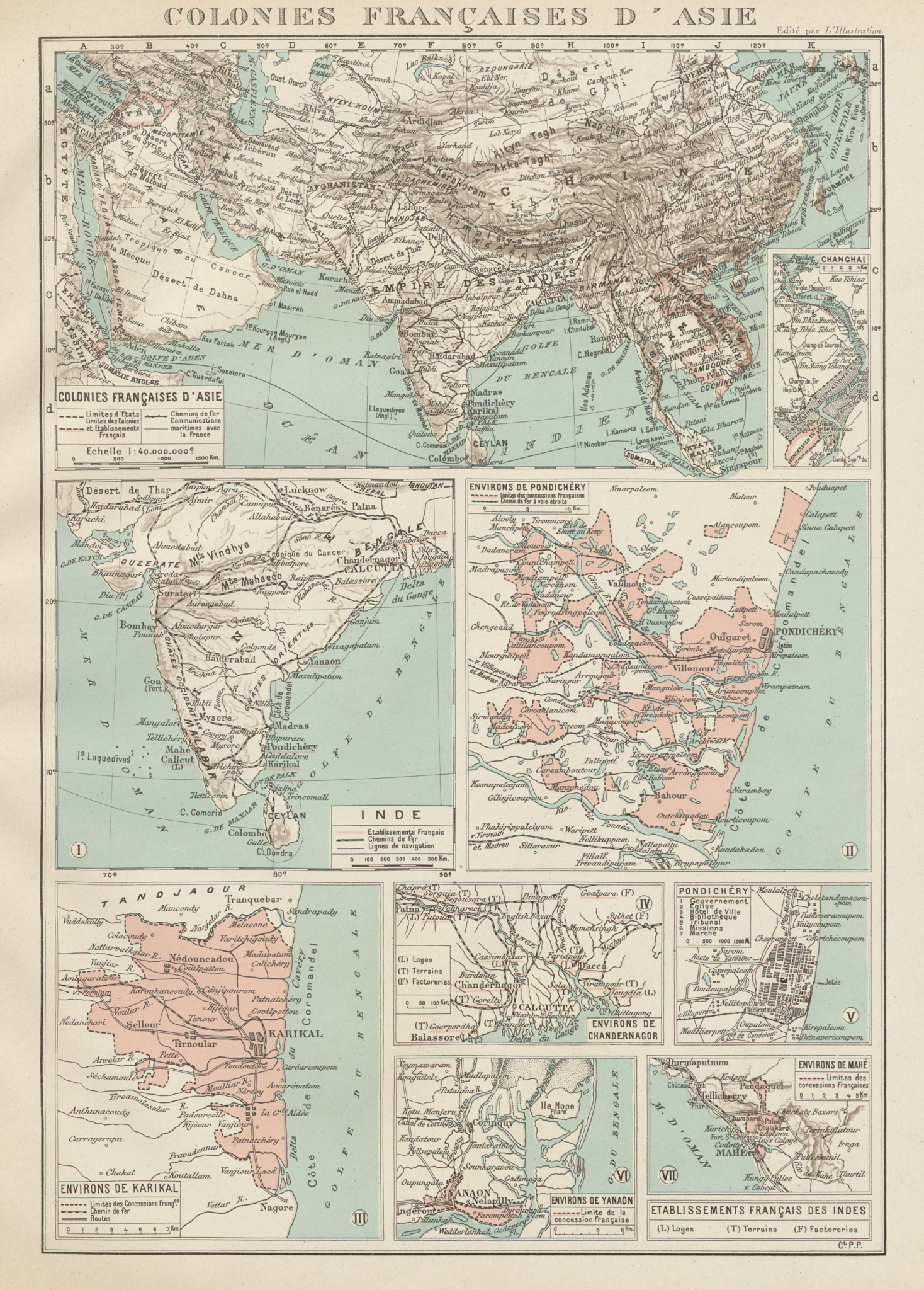 FRENCH INDIA Indes français Pondichéry Karikal Yanaon Chandernagor Mahé 1929 map
