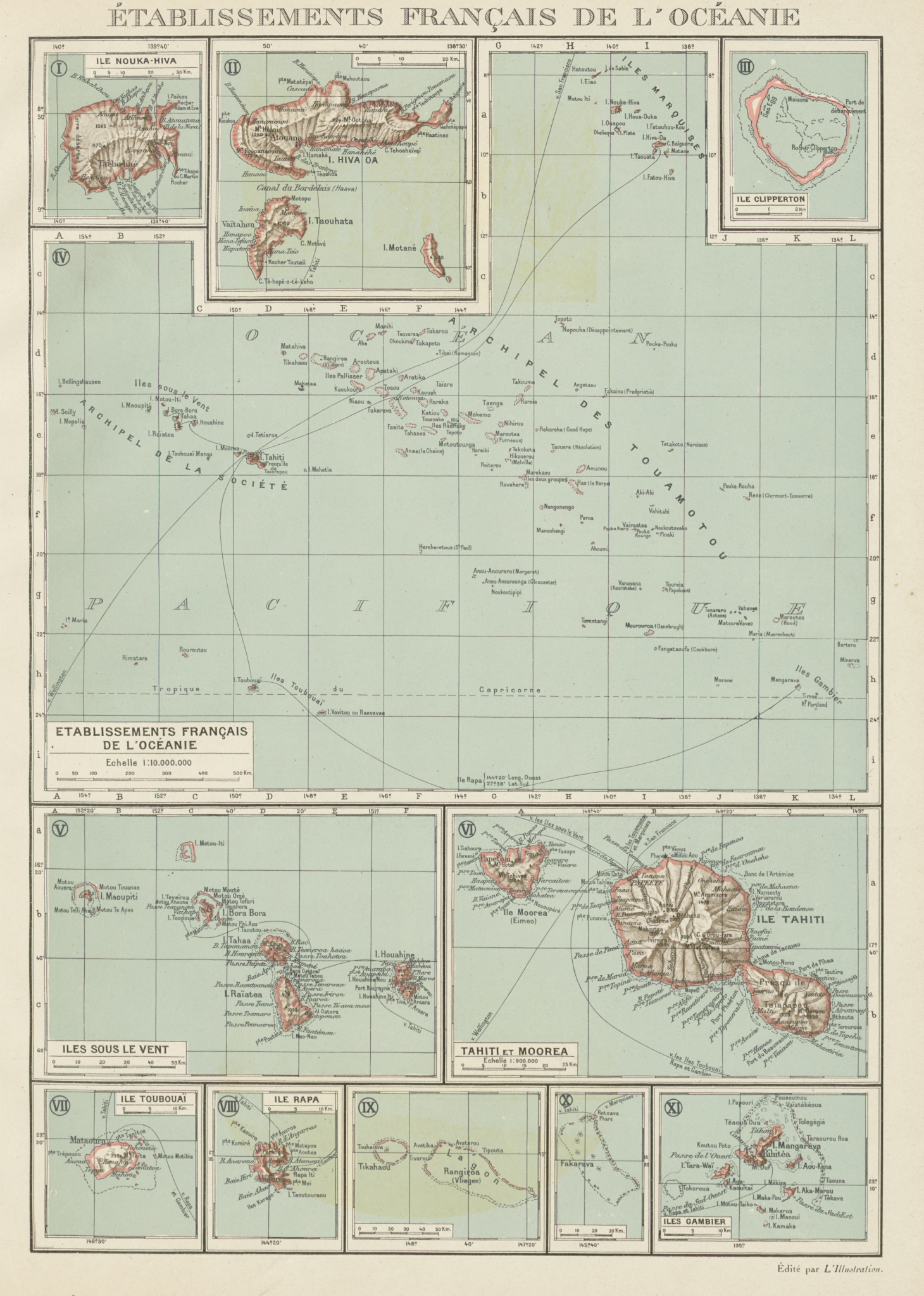 FRENCH POLYNESIA. Polynésie française. Tahiti Moorea Nuka Hiva Oa 1929 old map